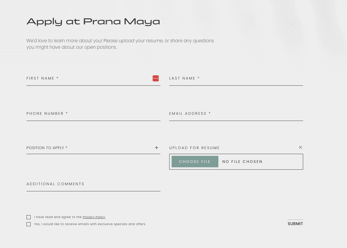 Application form for Prana Maya, including fields for personal information and resume upload.